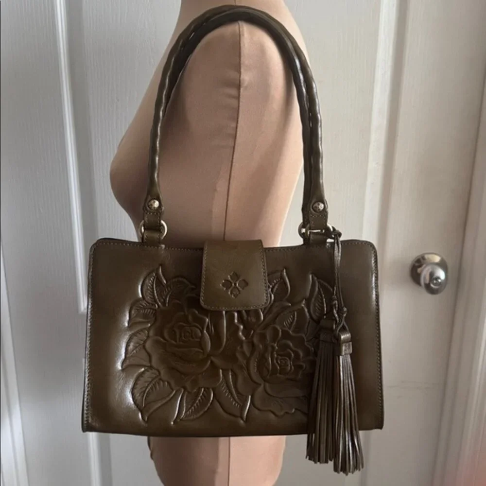 Patricia Nash Rienzo Satchel Vtg Rose Tooled Leather Soft Olive Green W Tassel